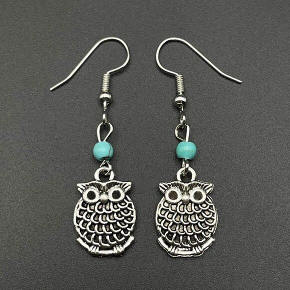 Silver Perched Owl on Branch with Blue Turquoise Beaded Dangling Hook Earrings - Picture 2 of 7